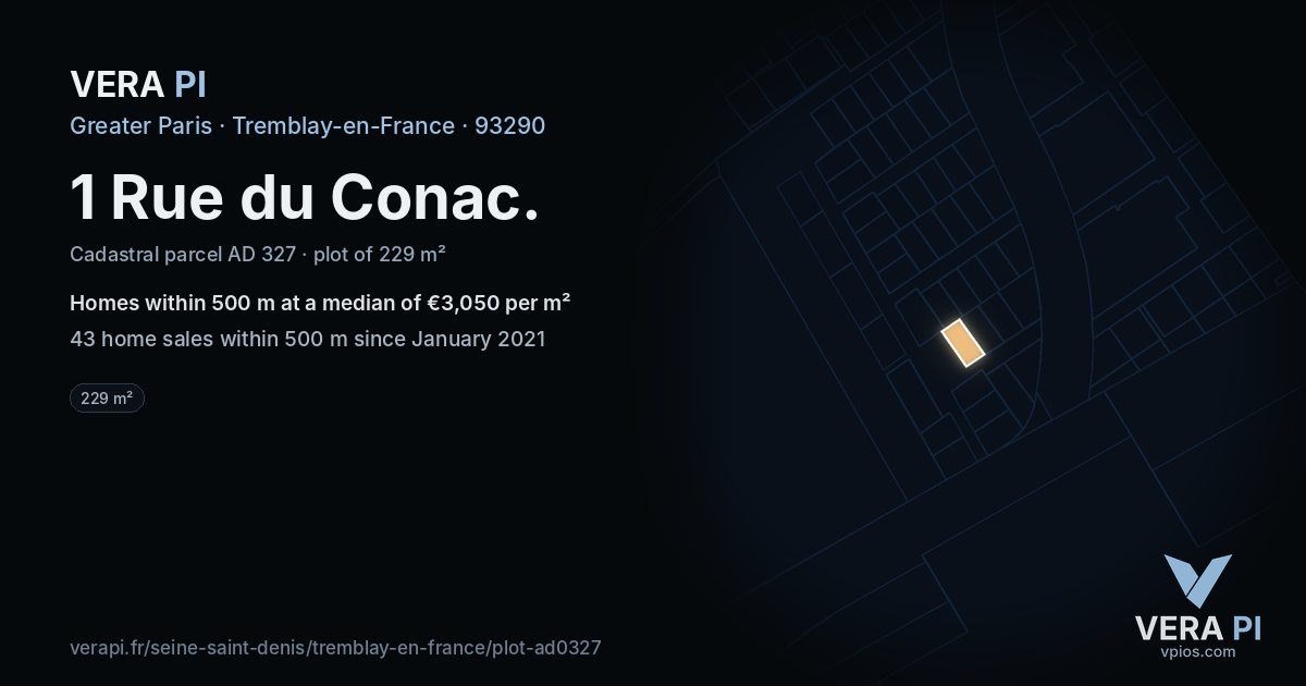 1 Rue du Conac, Tremblay-en-France at night – the plot lit, the parcels around coloured by the prices near them