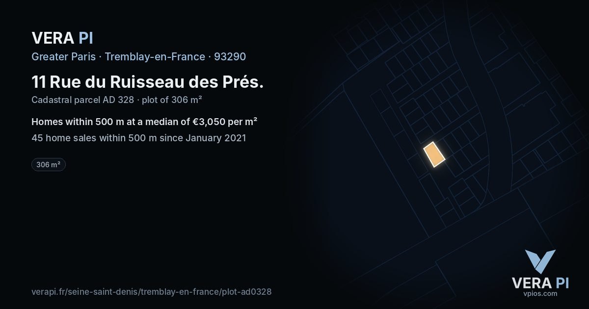 11 Rue du Ruisseau des Prés, Tremblay-en-France at night – the plot lit, the parcels around coloured by the prices near them