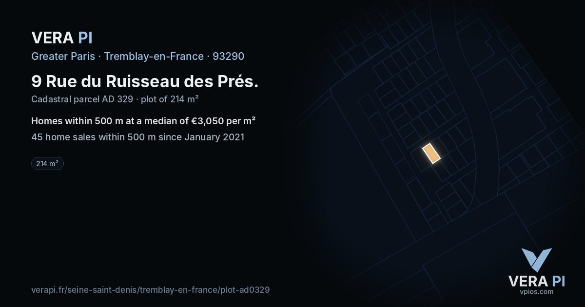9 Rue du Ruisseau des Prés, Tremblay-en-France at night – the plot lit, the parcels around coloured by the prices near them