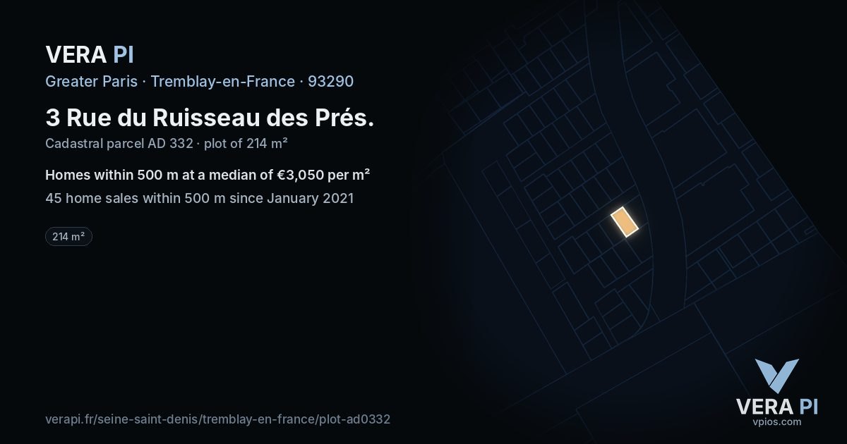 3 Rue du Ruisseau des Prés, Tremblay-en-France at night – the plot lit, the parcels around coloured by the prices near them