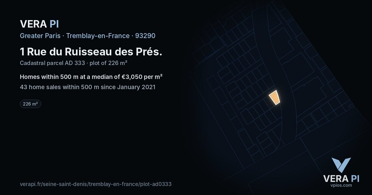 1 Rue du Ruisseau des Prés, Tremblay-en-France at night – the plot lit, the parcels around coloured by the prices near them