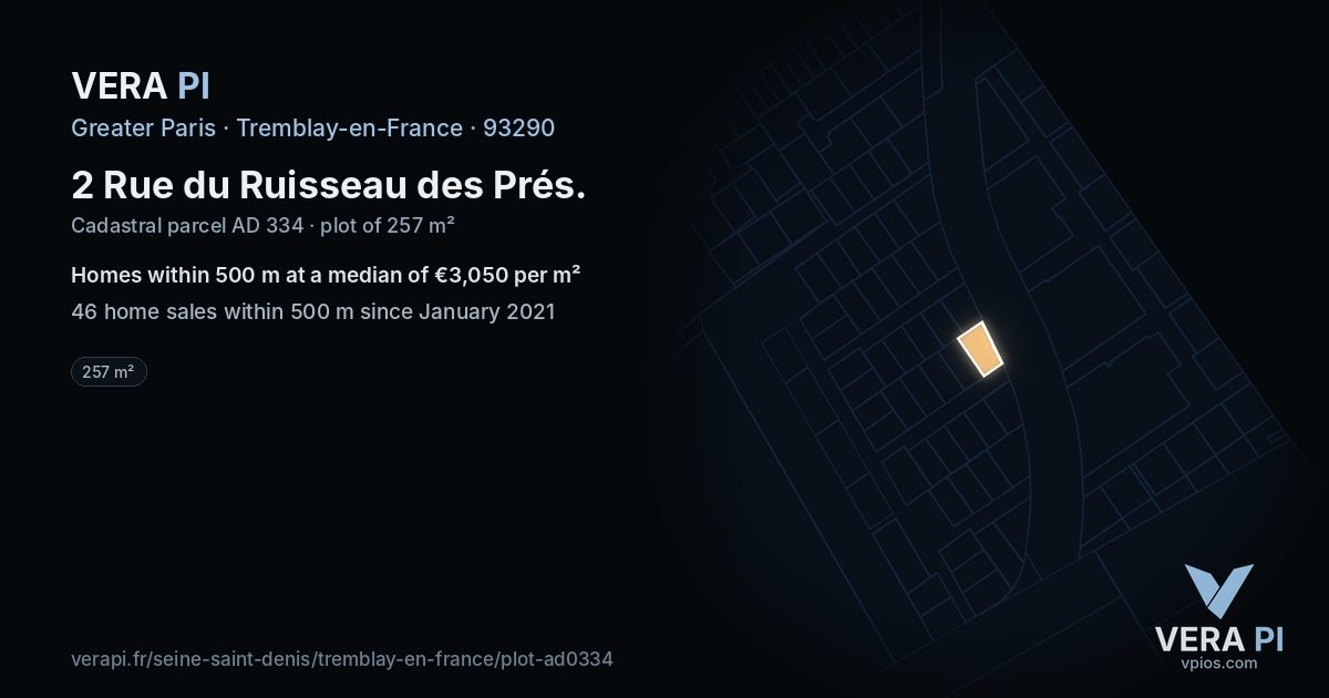 2 Rue du Ruisseau des Prés, Tremblay-en-France at night – the plot lit, the parcels around coloured by the prices near them