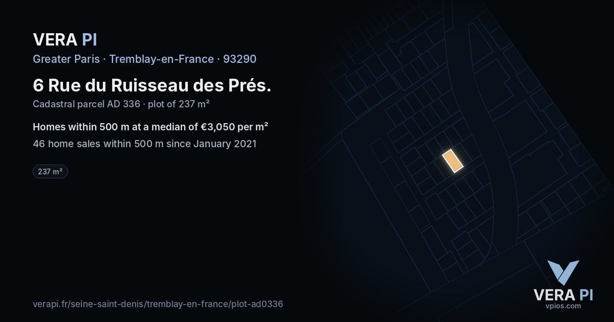 6 Rue du Ruisseau des Prés, Tremblay-en-France at night – the plot lit, the parcels around coloured by the prices near them