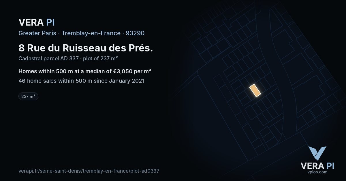8 Rue du Ruisseau des Prés, Tremblay-en-France at night – the plot lit, the parcels around coloured by the prices near them