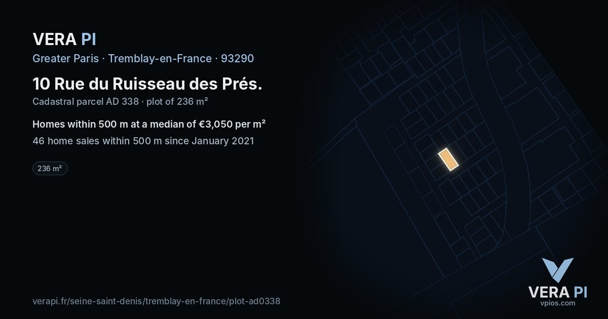 10 Rue du Ruisseau des Prés, Tremblay-en-France at night – the plot lit, the parcels around coloured by the prices near them