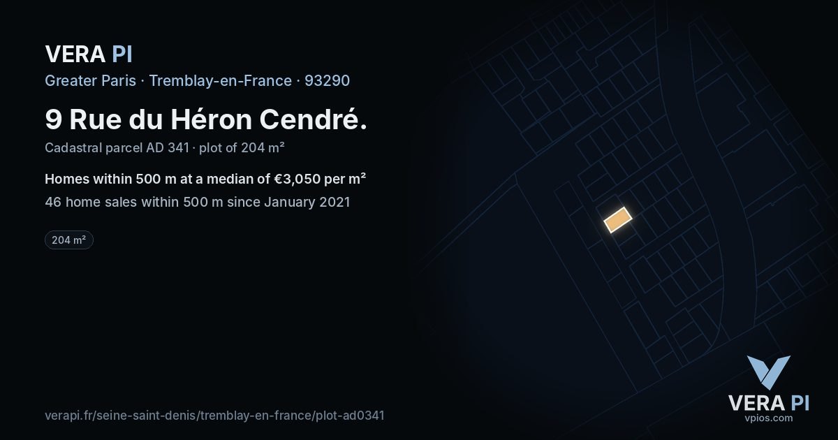9 Rue du Héron Cendré, Tremblay-en-France at night – the plot lit, the parcels around coloured by the prices near them