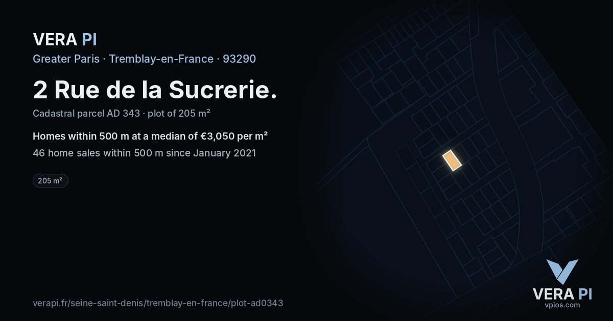 2 Rue de la Sucrerie, Tremblay-en-France at night – the plot lit, the parcels around coloured by the prices near them