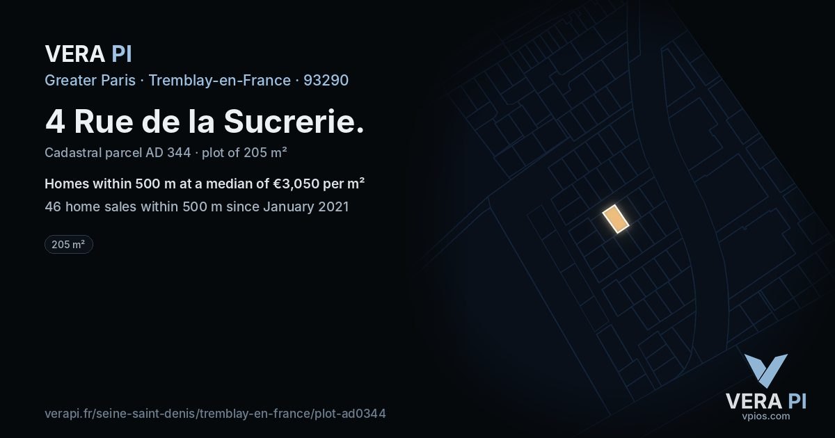 4 Rue de la Sucrerie, Tremblay-en-France at night – the plot lit, the parcels around coloured by the prices near them