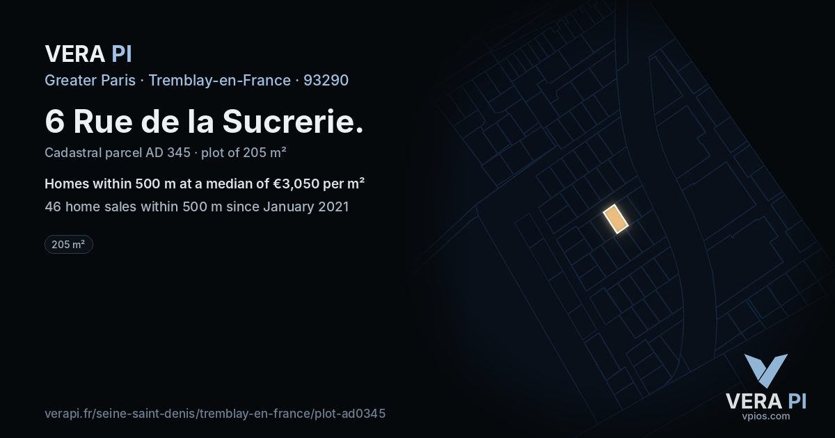 6 Rue de la Sucrerie, Tremblay-en-France at night – the plot lit, the parcels around coloured by the prices near them