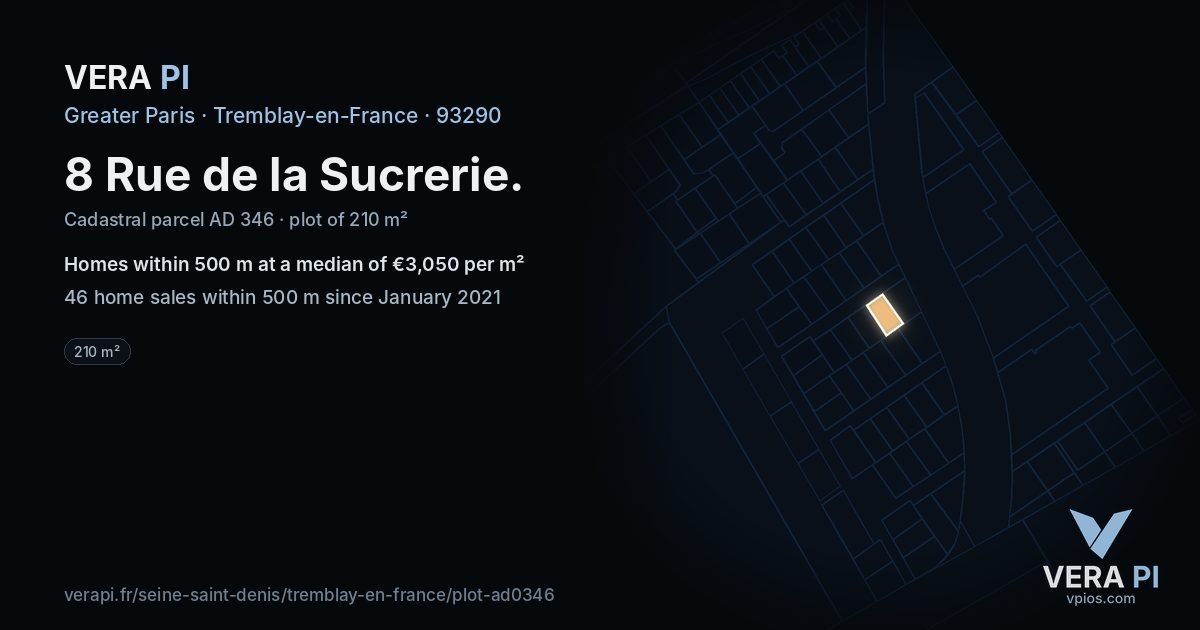 8 Rue de la Sucrerie, Tremblay-en-France at night – the plot lit, the parcels around coloured by the prices near them