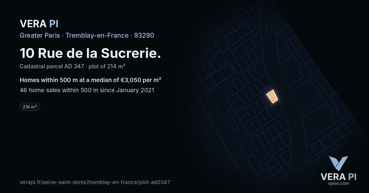 10 Rue de la Sucrerie, Tremblay-en-France at night – the plot lit, the parcels around coloured by the prices near them
