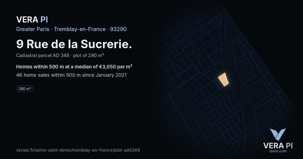 9 Rue de la Sucrerie, Tremblay-en-France at night – the plot lit, the parcels around coloured by the prices near them
