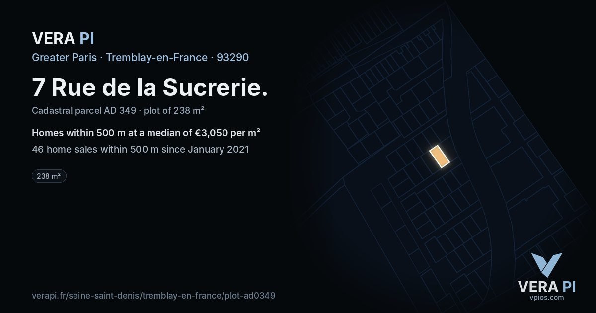 7 Rue de la Sucrerie, Tremblay-en-France at night – the plot lit, the parcels around coloured by the prices near them
