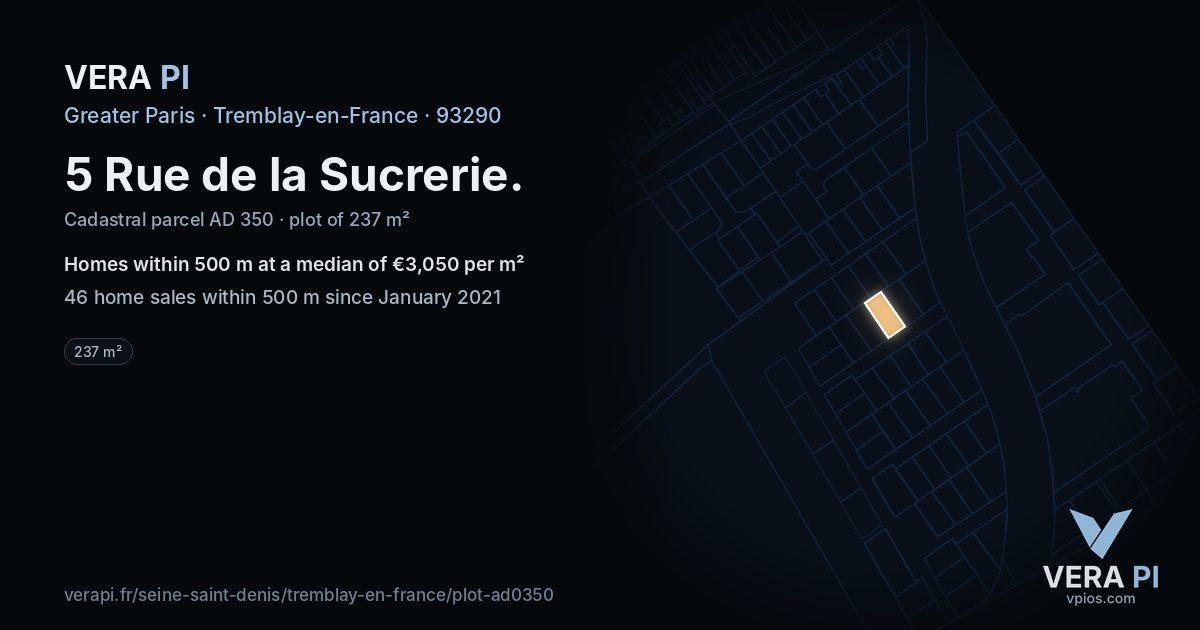 5 Rue de la Sucrerie, Tremblay-en-France at night – the plot lit, the parcels around coloured by the prices near them