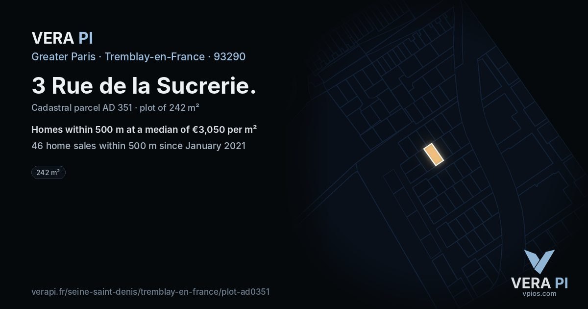 3 Rue de la Sucrerie, Tremblay-en-France at night – the plot lit, the parcels around coloured by the prices near them