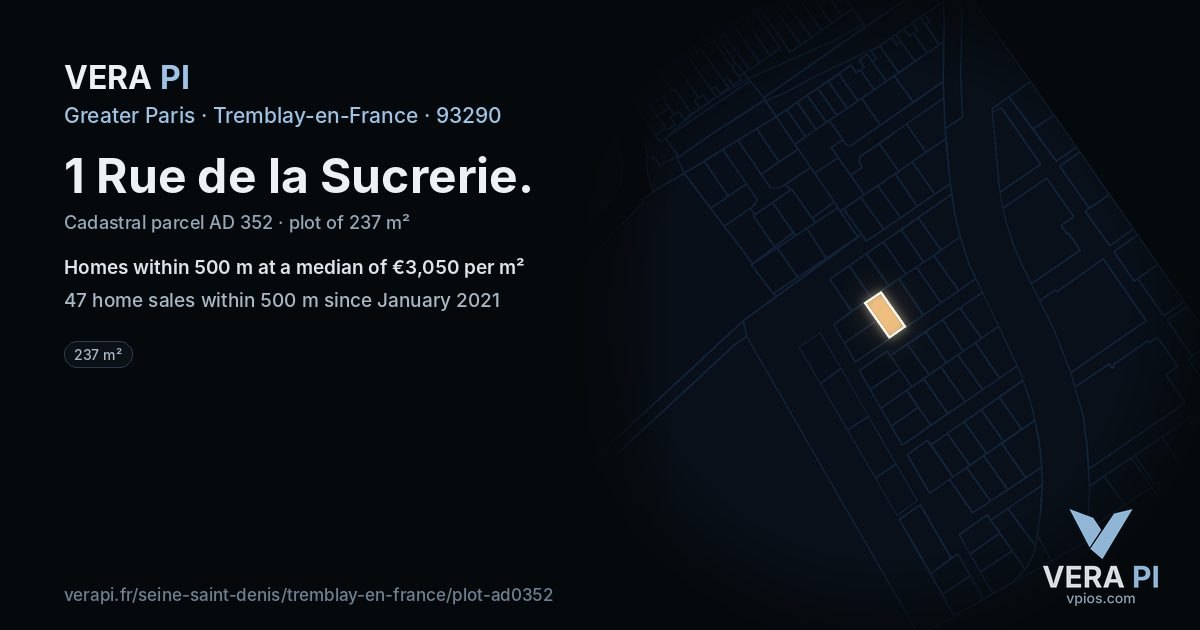 1 Rue de la Sucrerie, Tremblay-en-France at night – the plot lit, the parcels around coloured by the prices near them