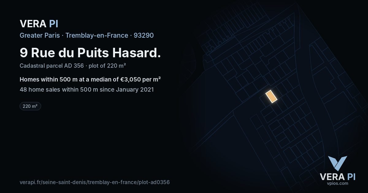 9 Rue du Puits Hasard, Tremblay-en-France at night – the plot lit, the parcels around coloured by the prices near them