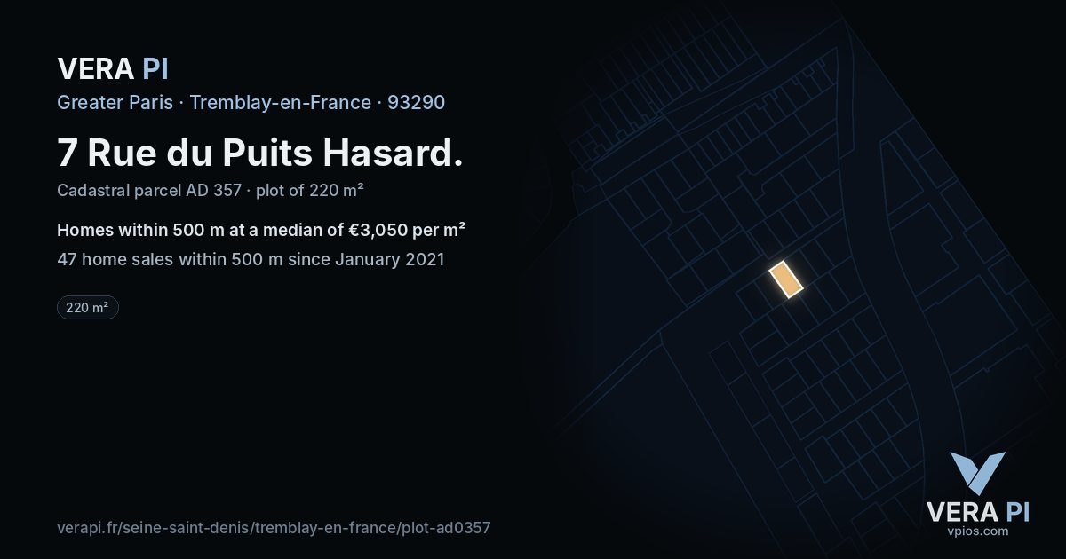 7 Rue du Puits Hasard, Tremblay-en-France at night – the plot lit, the parcels around coloured by the prices near them