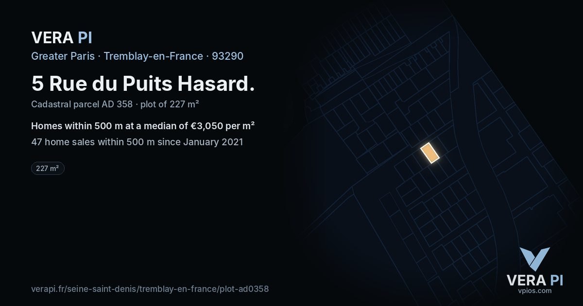 5 Rue du Puits Hasard, Tremblay-en-France at night – the plot lit, the parcels around coloured by the prices near them