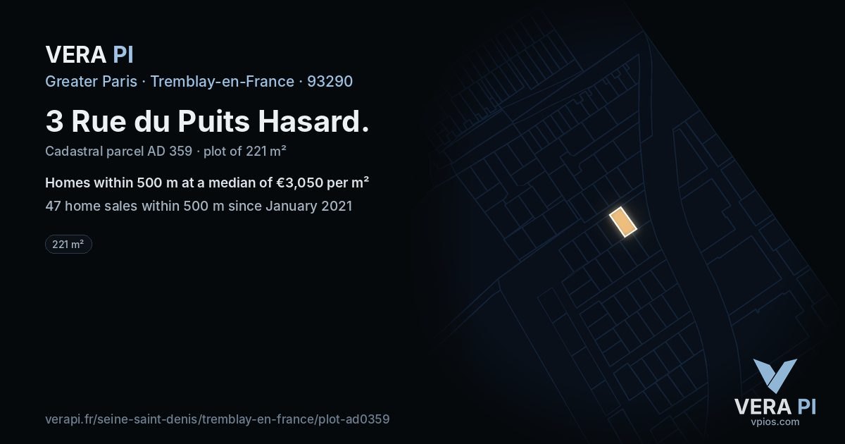 3 Rue du Puits Hasard, Tremblay-en-France at night – the plot lit, the parcels around coloured by the prices near them
