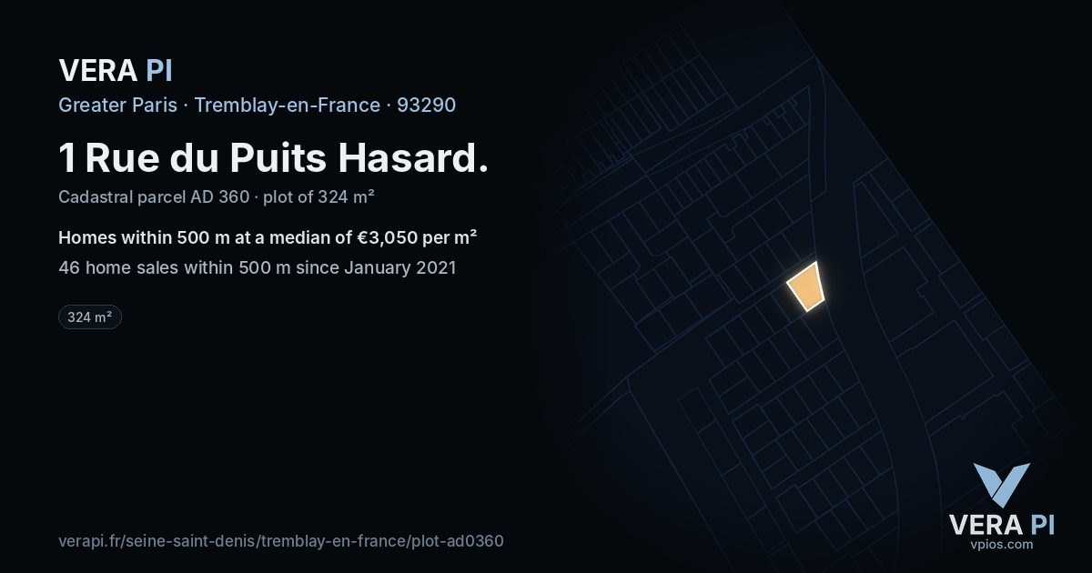 1 Rue du Puits Hasard, Tremblay-en-France at night – the plot lit, the parcels around coloured by the prices near them