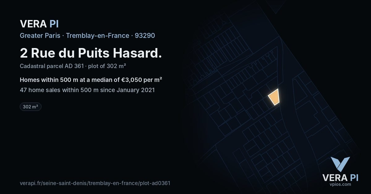 2 Rue du Puits Hasard, Tremblay-en-France at night – the plot lit, the parcels around coloured by the prices near them