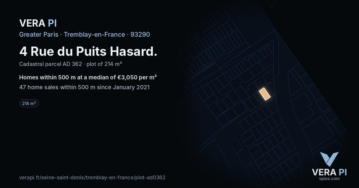 4 Rue du Puits Hasard, Tremblay-en-France at night – the plot lit, the parcels around coloured by the prices near them