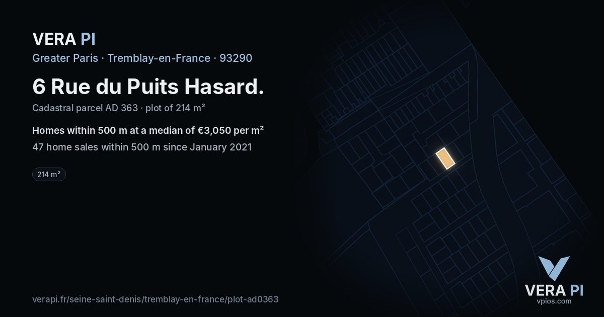 6 Rue du Puits Hasard, Tremblay-en-France at night – the plot lit, the parcels around coloured by the prices near them