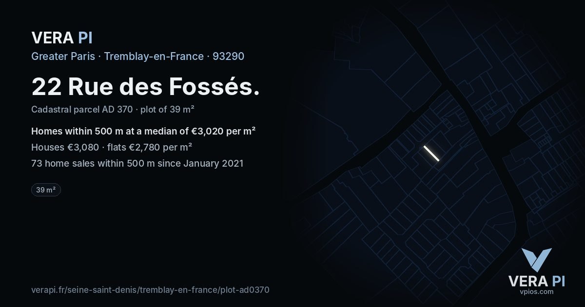 22 Rue des Fossés, Tremblay-en-France at night – the plot lit, the parcels around coloured by the prices near them