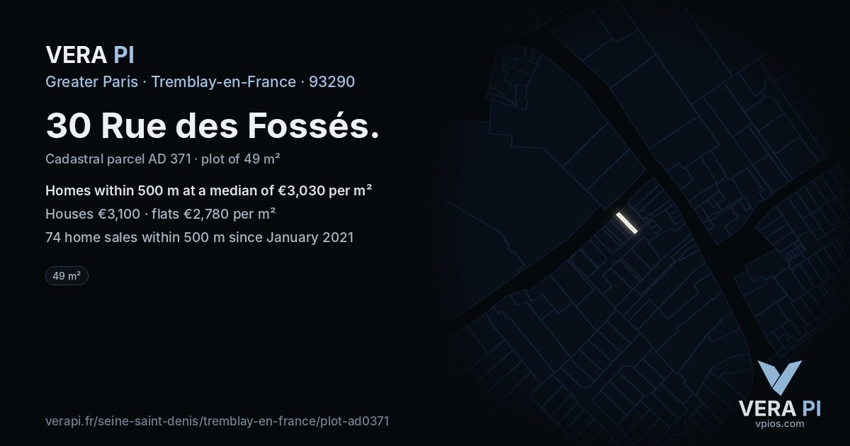 30 Rue des Fossés, Tremblay-en-France at night – the plot lit, the parcels around coloured by the prices near them