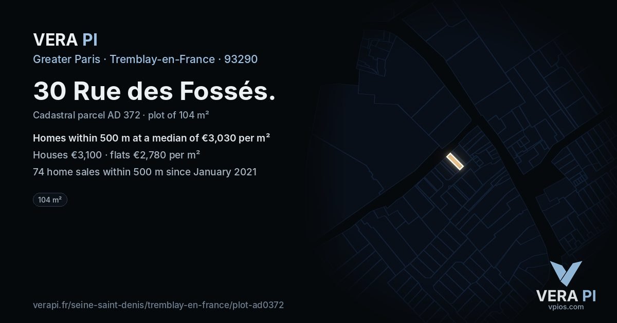 30 Rue des Fossés, Tremblay-en-France at night – the plot lit, the parcels around coloured by the prices near them