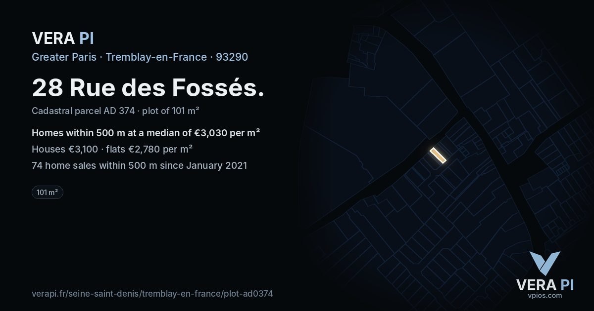 28 Rue des Fossés, Tremblay-en-France at night – the plot lit, the parcels around coloured by the prices near them