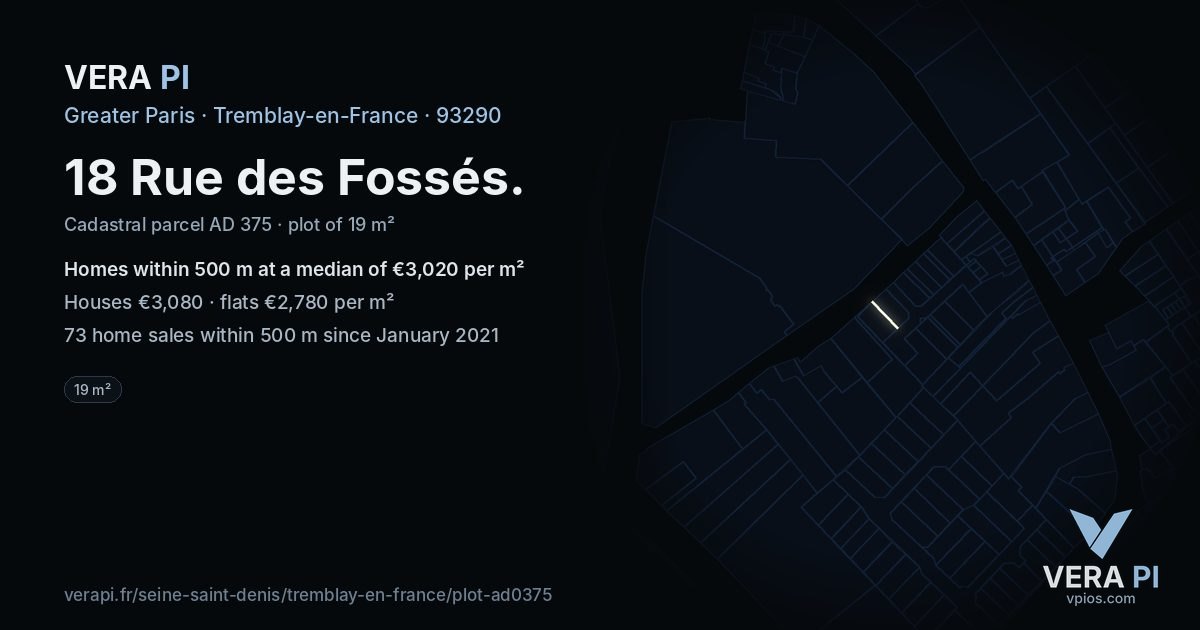 18 Rue des Fossés, Tremblay-en-France at night – the plot lit, the parcels around coloured by the prices near them