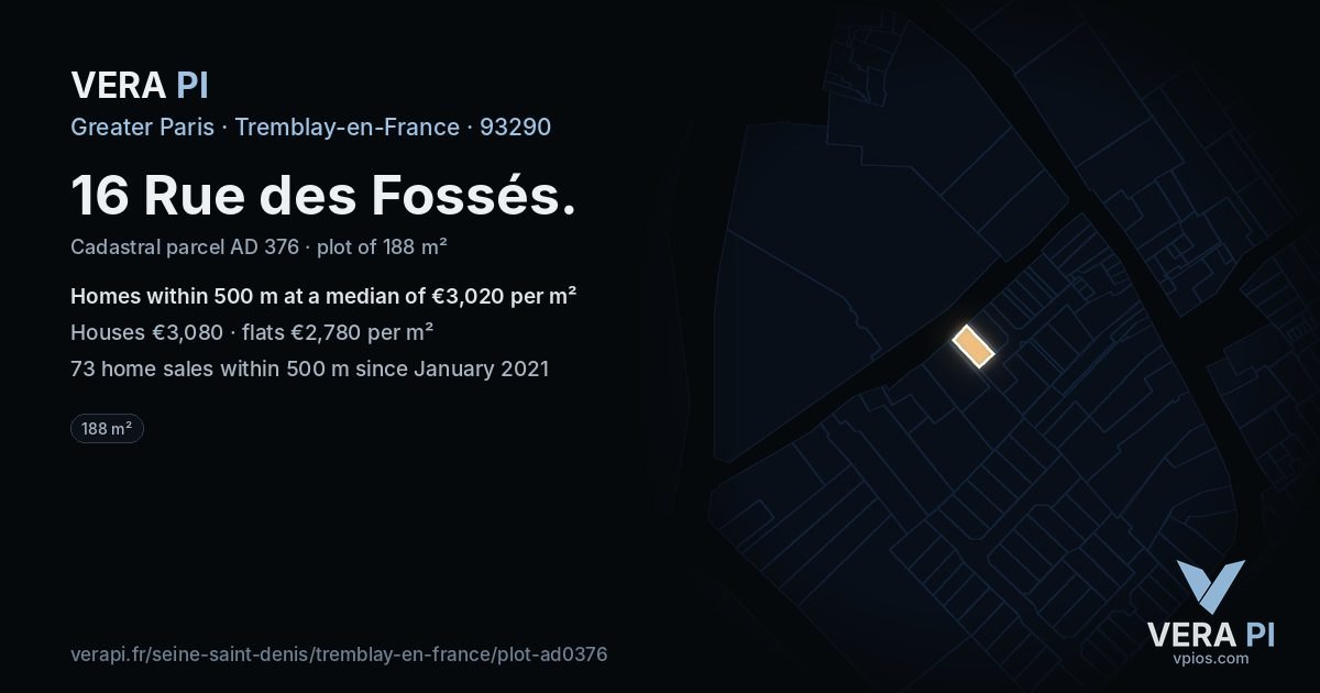 16 Rue des Fossés, Tremblay-en-France at night – the plot lit, the parcels around coloured by the prices near them
