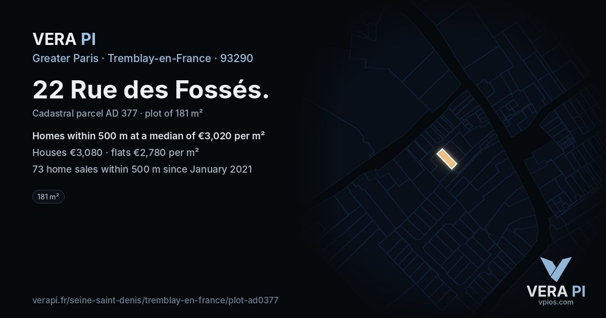 22 Rue des Fossés, Tremblay-en-France at night – the plot lit, the parcels around coloured by the prices near them