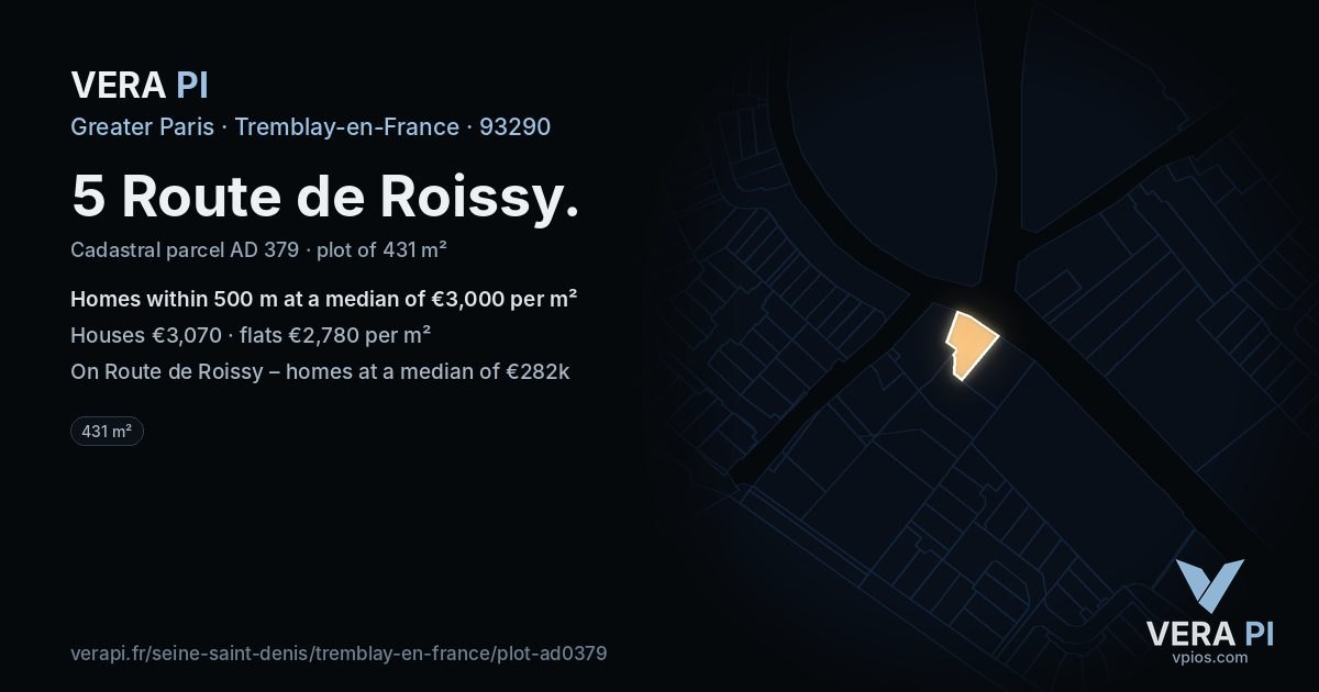 5 Route de Roissy, Tremblay-en-France at night – the plot lit, the parcels around coloured by the prices near them
