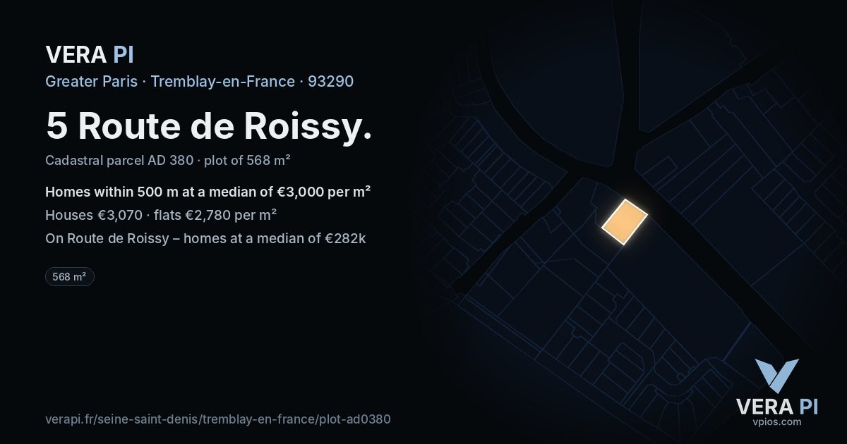 5 Route de Roissy, Tremblay-en-France at night – the plot lit, the parcels around coloured by the prices near them