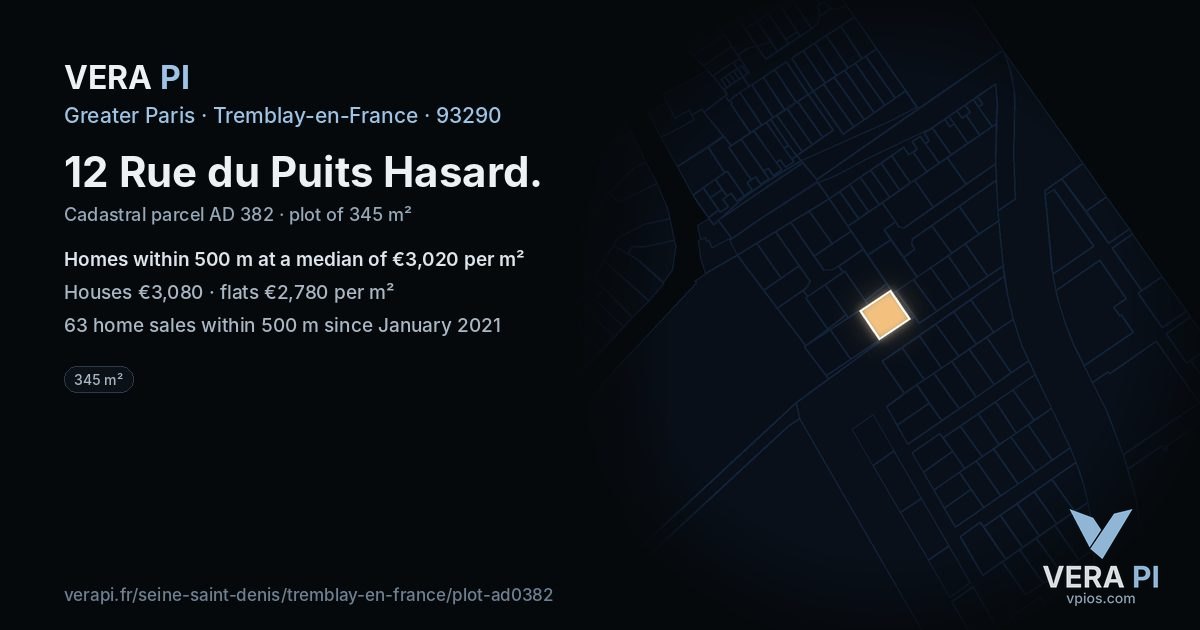 12 Rue du Puits Hasard, Tremblay-en-France at night – the plot lit, the parcels around coloured by the prices near them
