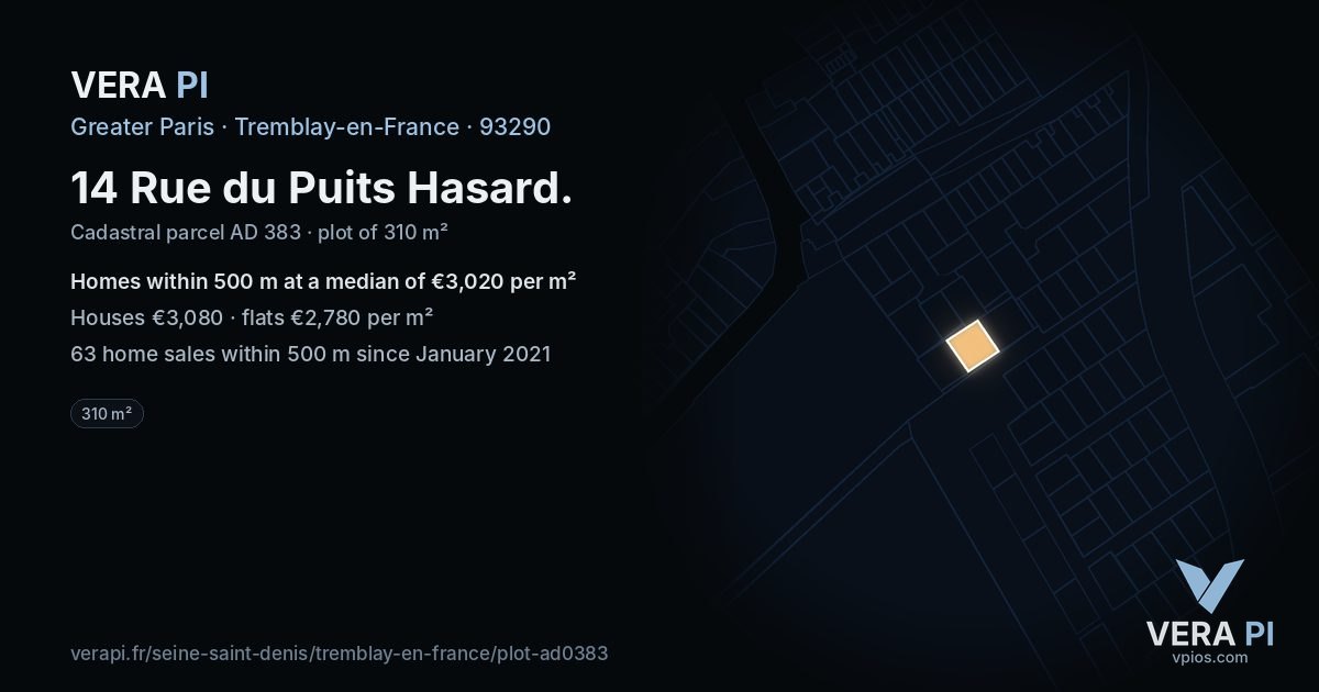 14 Rue du Puits Hasard, Tremblay-en-France at night – the plot lit, the parcels around coloured by the prices near them