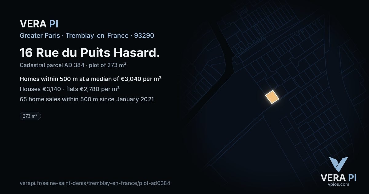 16 Rue du Puits Hasard, Tremblay-en-France at night – the plot lit, the parcels around coloured by the prices near them