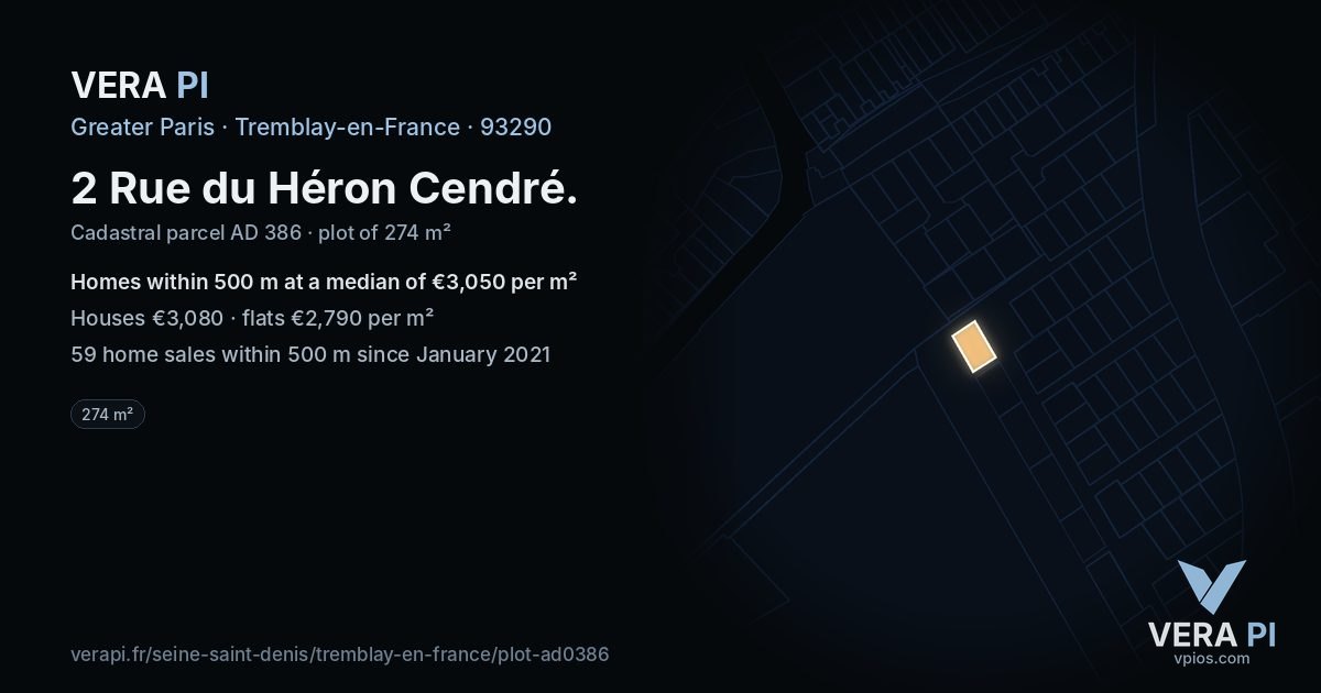 2 Rue du Héron Cendré, Tremblay-en-France at night – the plot lit, the parcels around coloured by the prices near them