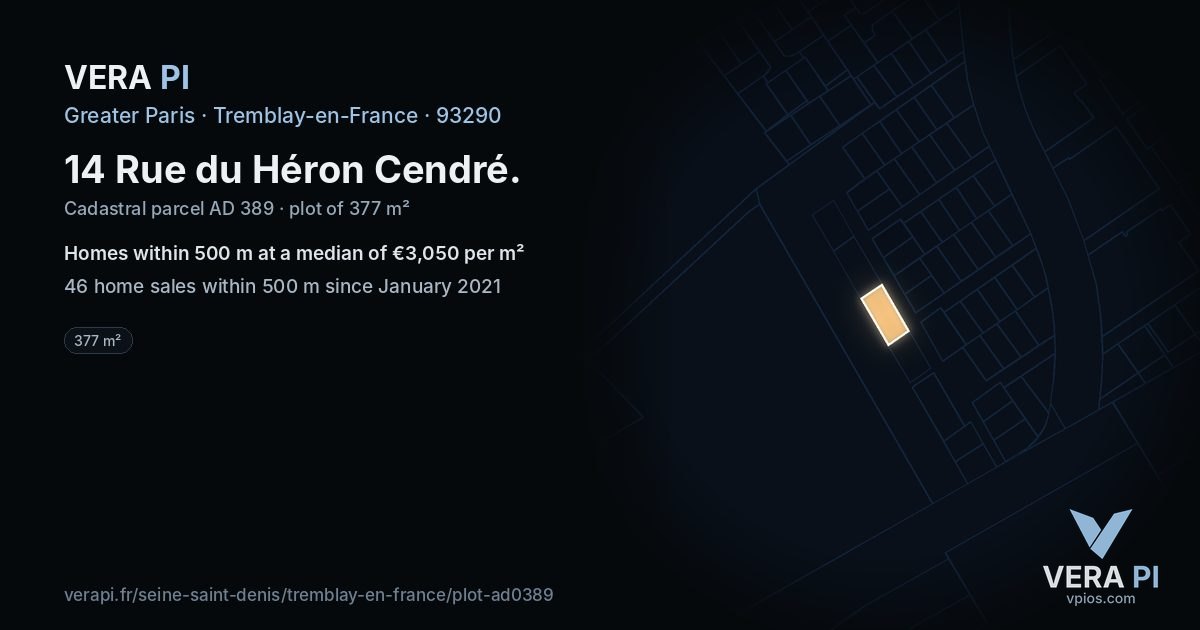 14 Rue du Héron Cendré, Tremblay-en-France at night – the plot lit, the parcels around coloured by the prices near them