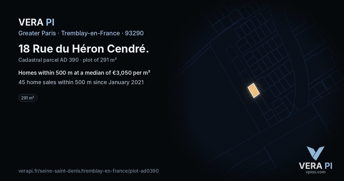 18 Rue du Héron Cendré, Tremblay-en-France at night – the plot lit, the parcels around coloured by the prices near them