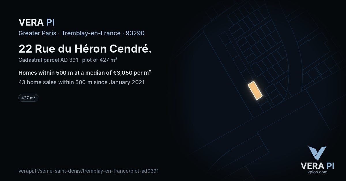 22 Rue du Héron Cendré, Tremblay-en-France at night – the plot lit, the parcels around coloured by the prices near them