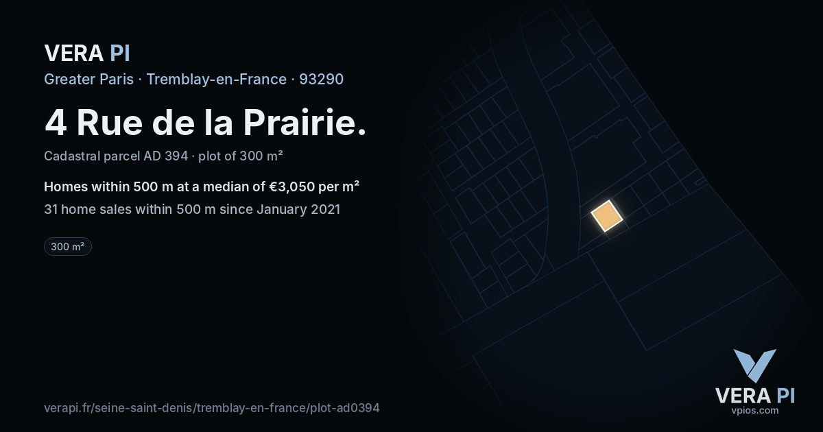 4 Rue de la Prairie, Tremblay-en-France at night – the plot lit, the parcels around coloured by the prices near them