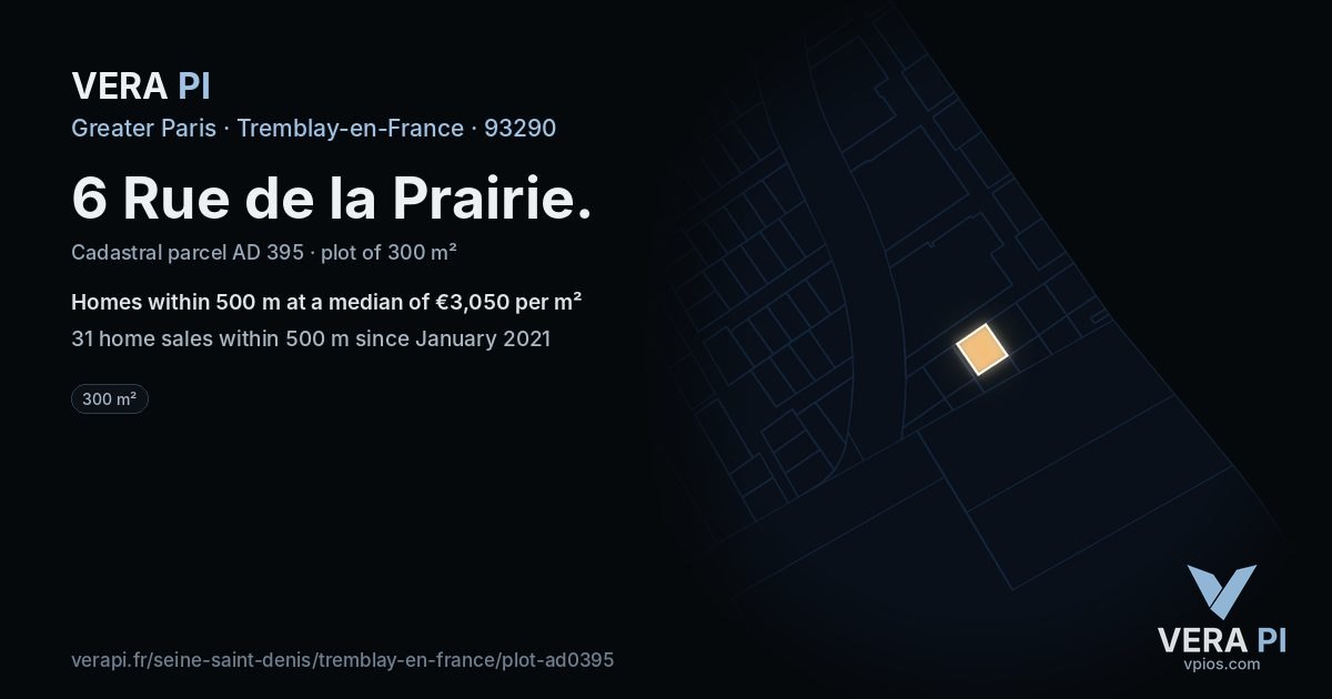 6 Rue de la Prairie, Tremblay-en-France at night – the plot lit, the parcels around coloured by the prices near them