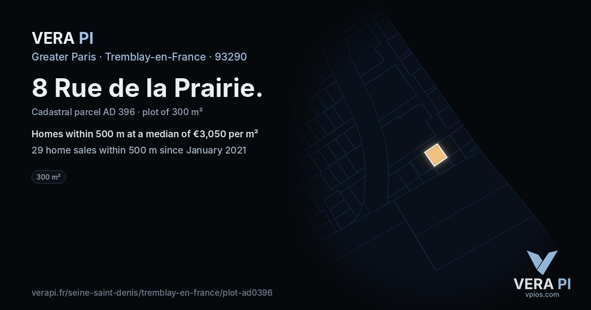 8 Rue de la Prairie, Tremblay-en-France at night – the plot lit, the parcels around coloured by the prices near them