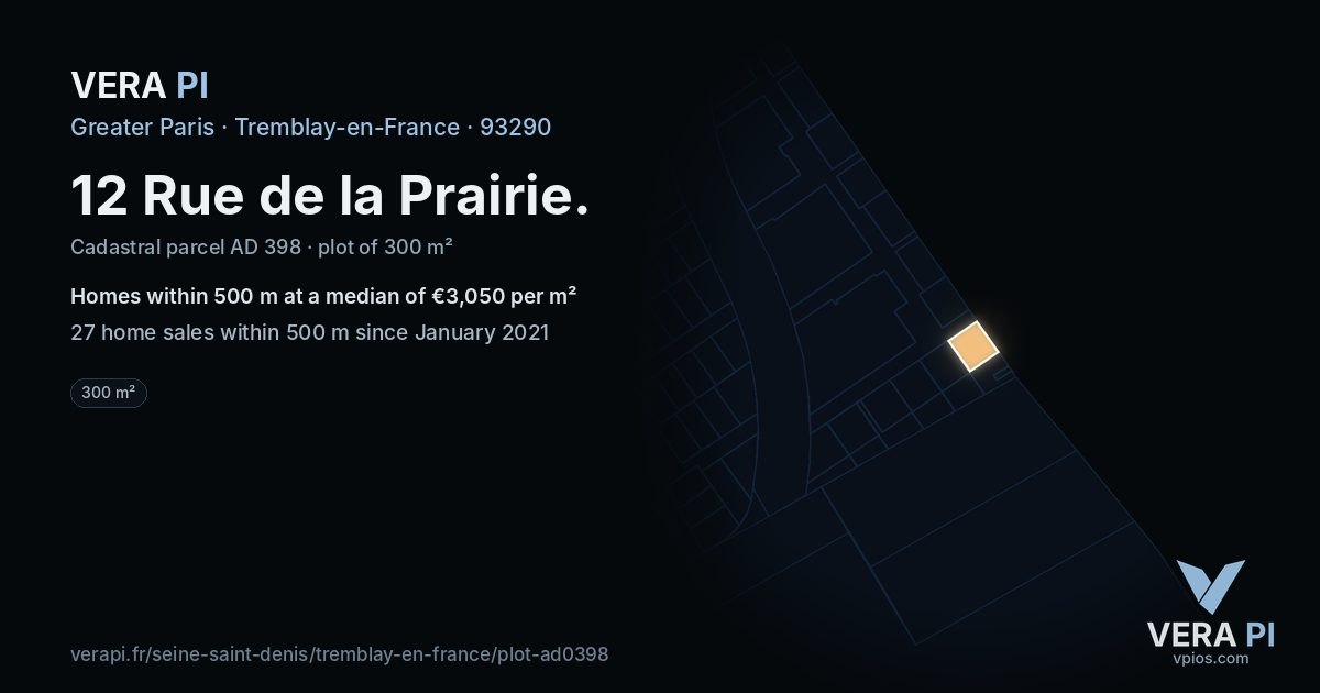 12 Rue de la Prairie, Tremblay-en-France at night – the plot lit, the parcels around coloured by the prices near them