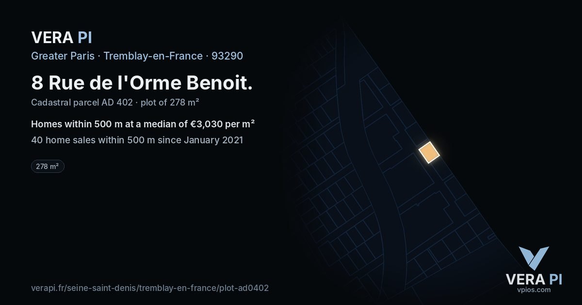 8 Rue de l'Orme Benoit, Tremblay-en-France at night – the plot lit, the parcels around coloured by the prices near them
