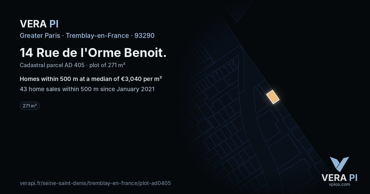 14 Rue de l'Orme Benoit, Tremblay-en-France at night – the plot lit, the parcels around coloured by the prices near them